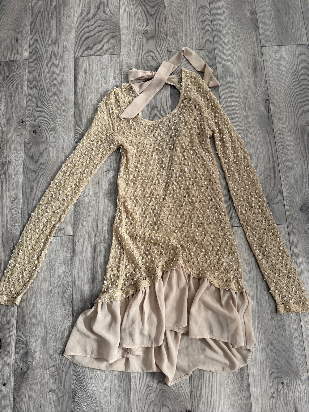 Altar'd State Gold Beaded Long-Sleeve Ruffle Hem Dress